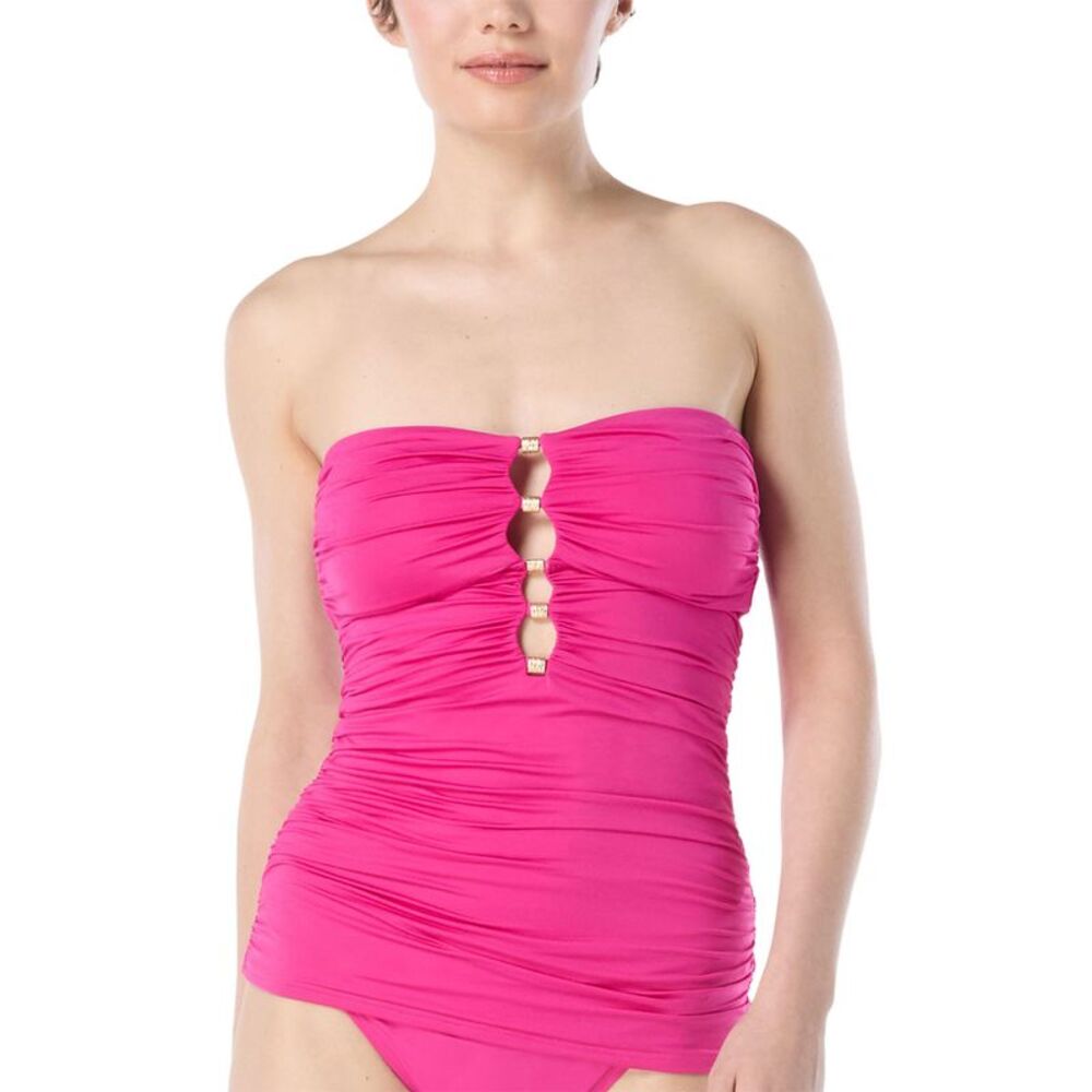 Carmen Marc Valvo Womens Ruched Beaded Tankini Top Medium Ultra Pink - NWT